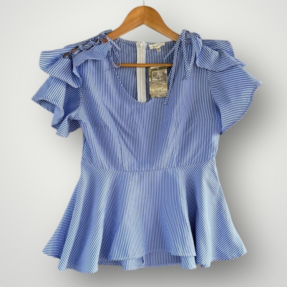Women’s Blue Striped Ruffle Peplum Top